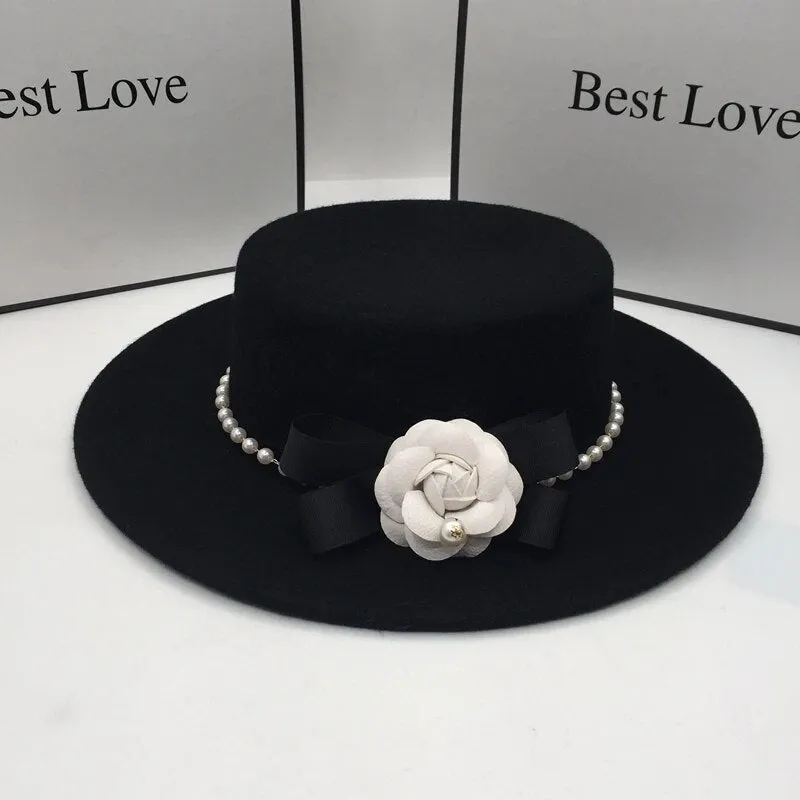 Women's Elegant Pearl Flower Black Wool Casual Flat Fedora Hat