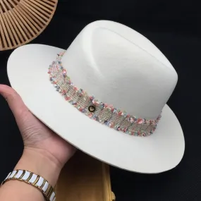 Women's England Style White Cloth Fedora Hat with Crystal Decoration