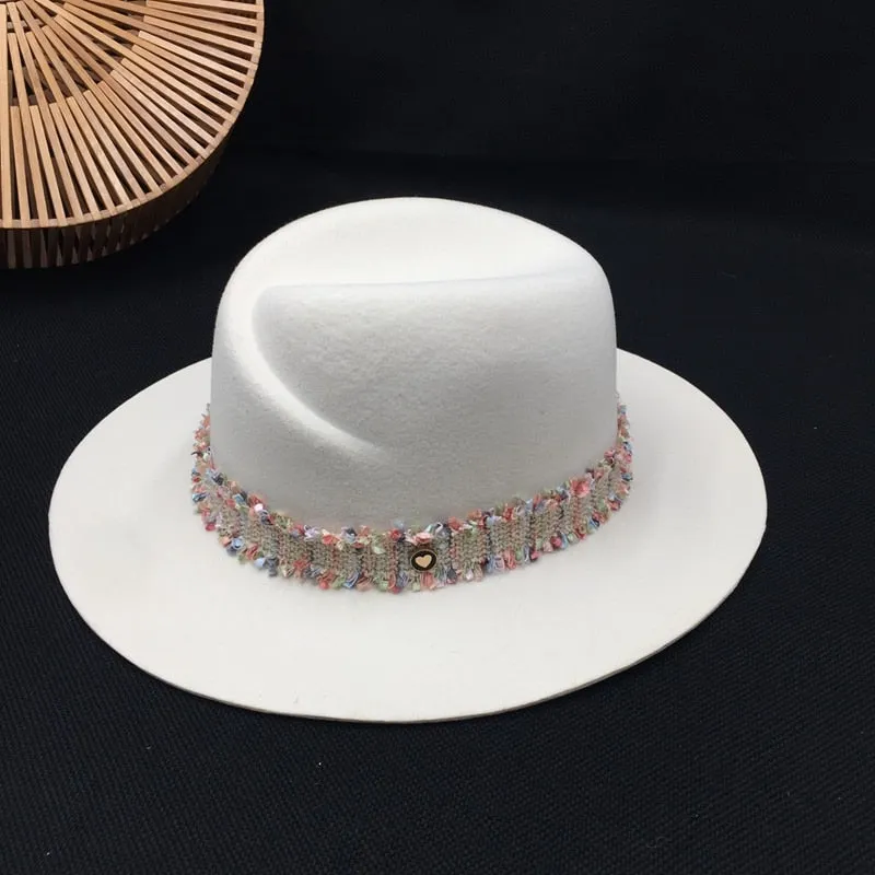 Women's England Style White Cloth Fedora Hat with Crystal Decoration