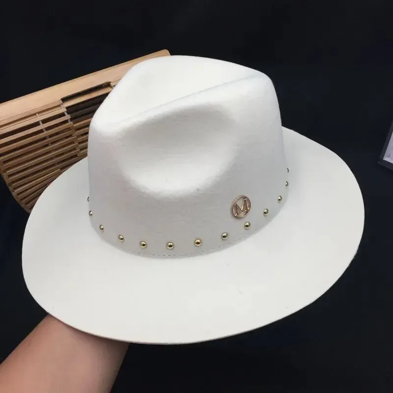 Women's England Style Winter White Wool Rivet Decor Fedora Hat