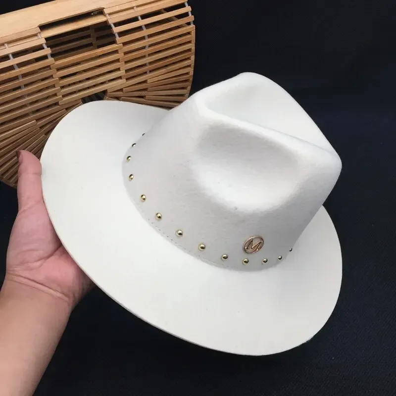 Women's England Style Winter White Wool Rivet Decor Fedora Hat