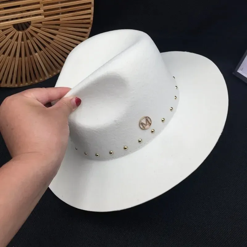 Women's England Style Winter White Wool Rivet Decor Fedora Hat