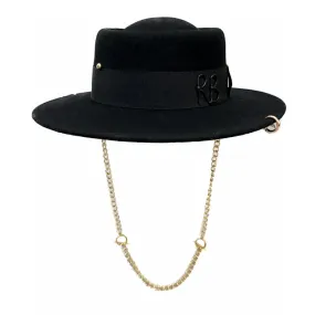 Women's European American Black Wool Chain Strap Fedora Hat