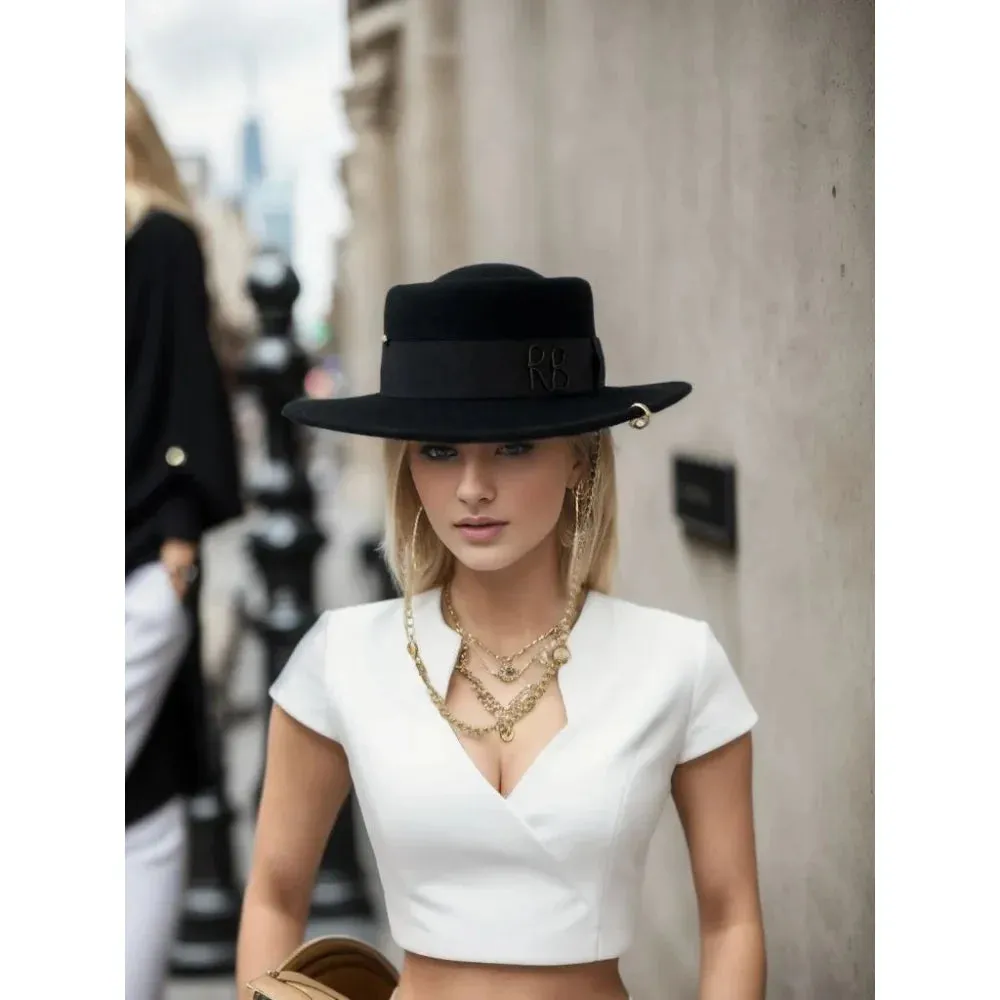 Women's European American Black Wool Chain Strap Fedora Hat