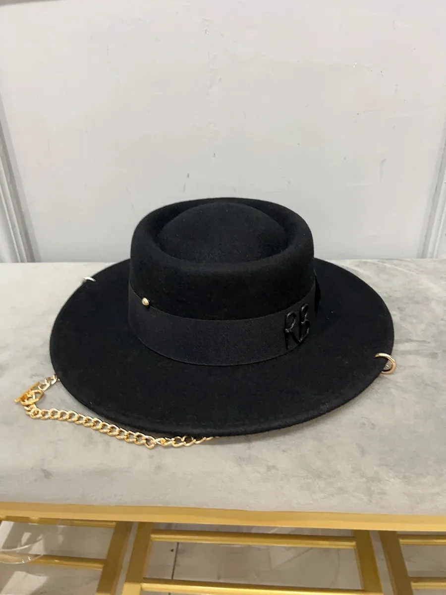 Women's European American Black Wool Chain Strap Fedora Hat