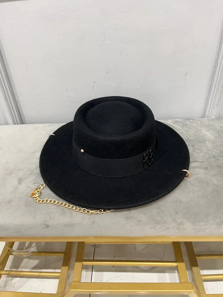 Women's European American Black Wool Chain Strap Fedora Hat