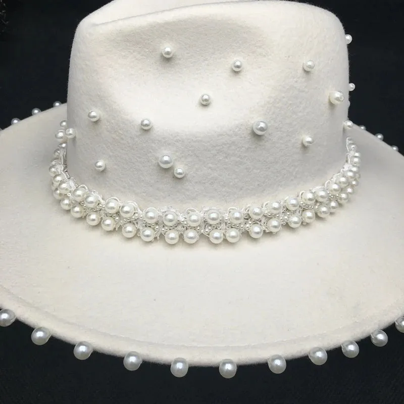 Women's Fashion French Style Winter Wool Pearls Hand-made Fedora Hat