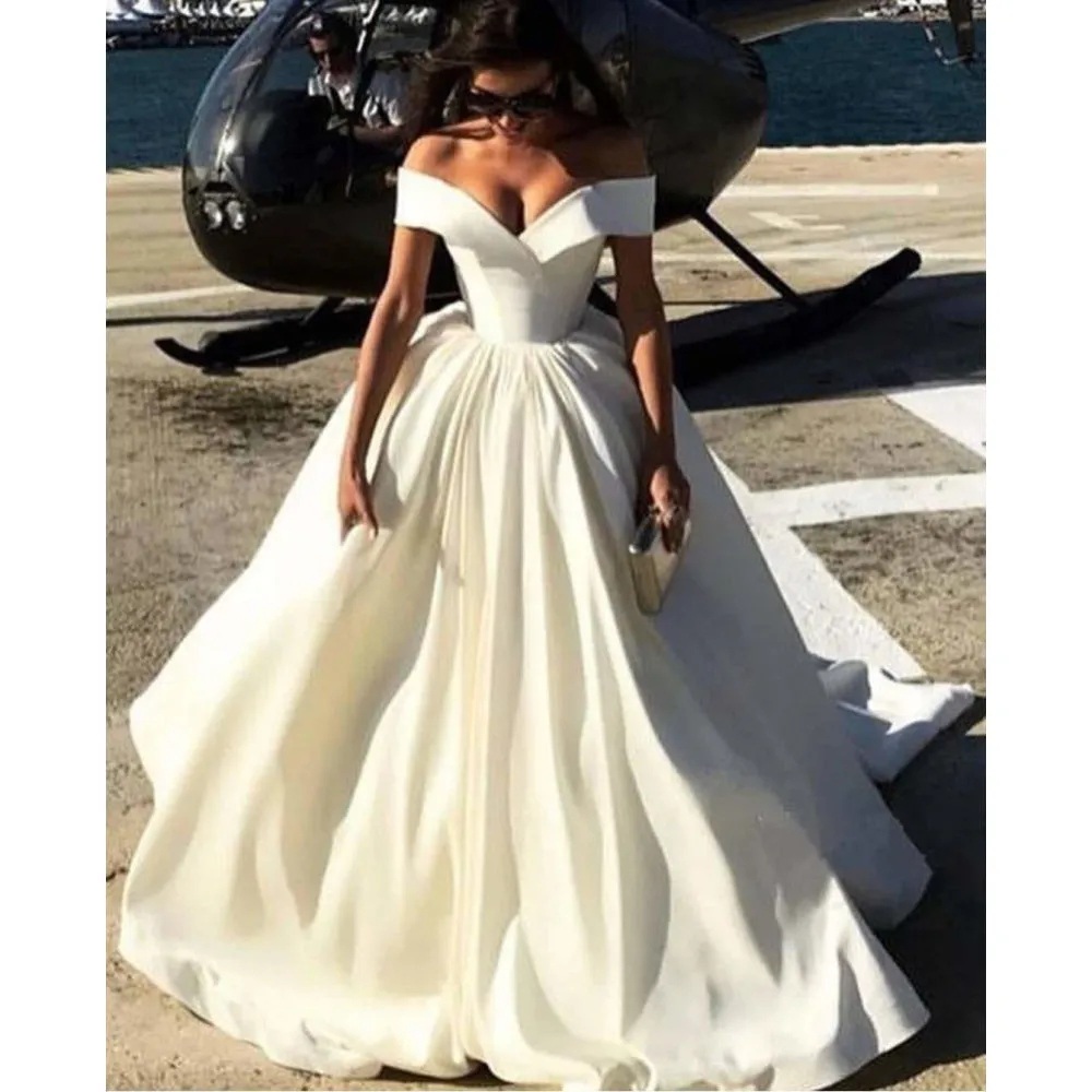 Women's Satin Off Shoulder Sleeveless A-Line Floor Length Bridal Gowns